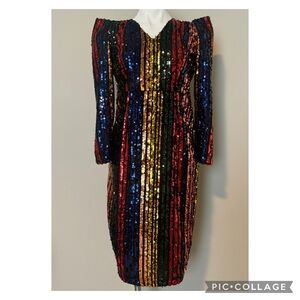 Rainbow Sequin Cocktail Party Dress Midi Long Sleeve Sharp Shoulder Small 4 6